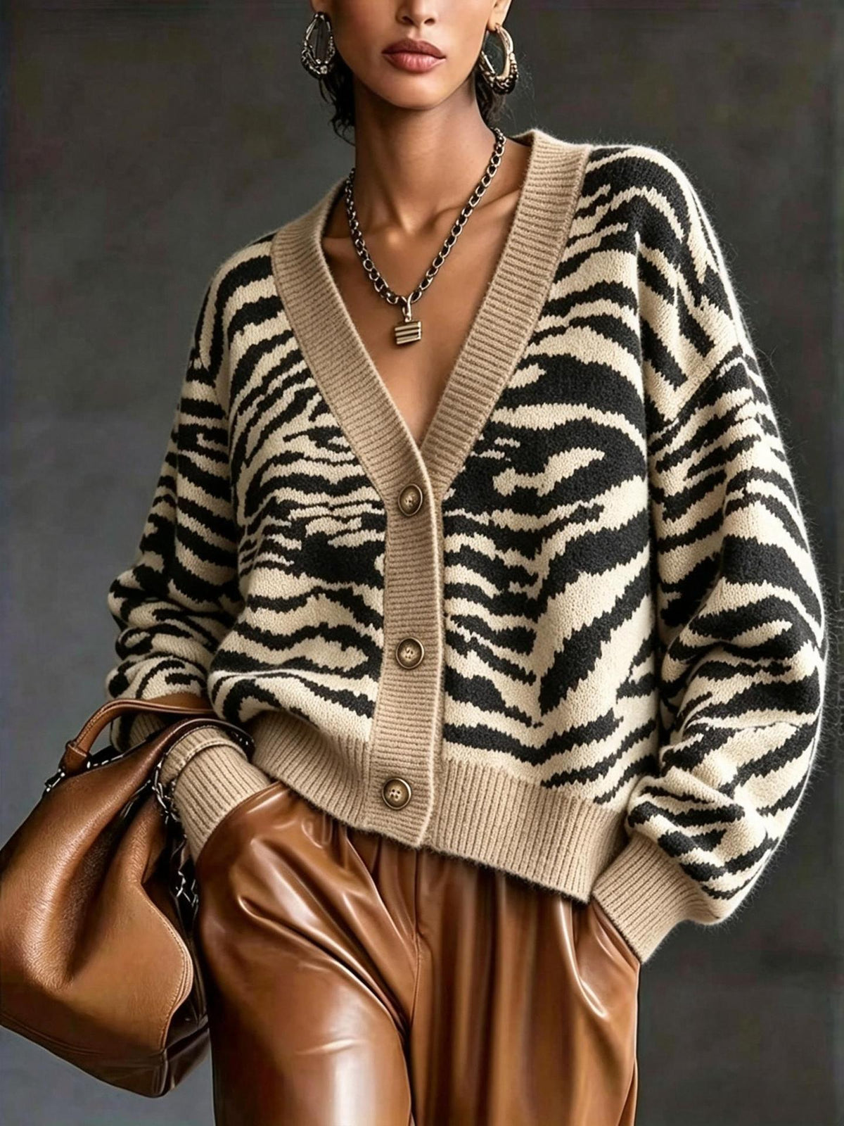 Women's Zebra Striped Knit Cardigan, 2026 Fall Winter Loose Long Sleeve Button Down Sweater, Casual Lazy Style Knit Outerwear