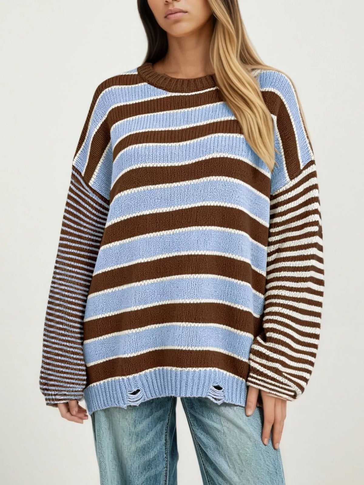 Oversized Striped Distressed Sweater