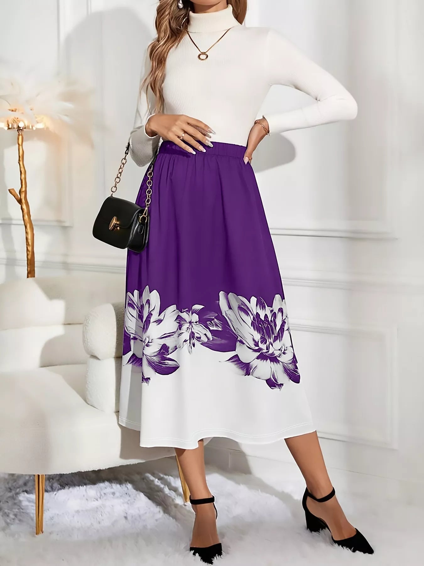 Falda Midi Evasé con Estampado Floral Ver tabla de tallas en "más detalles"