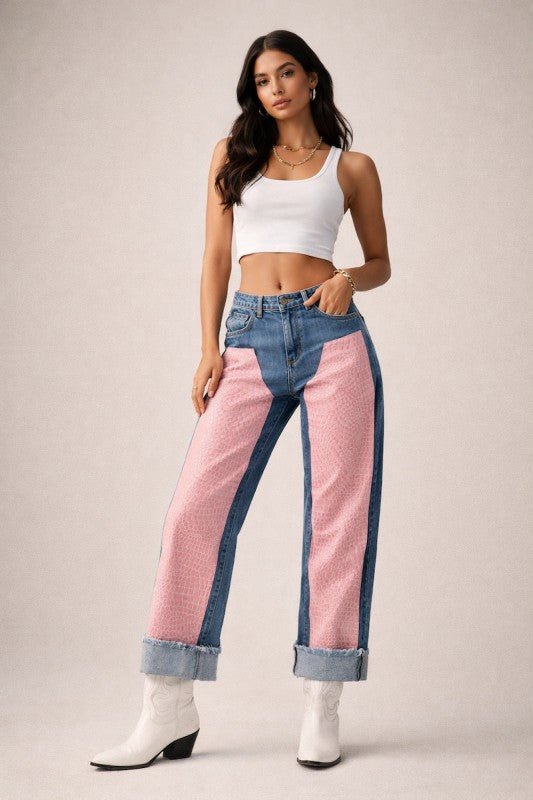 Low Rise Cuffed Jeans with Pink Vinyl Croc Panels See size chart under “more details”