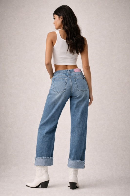 Low Rise Cuffed Jeans with Pink Vinyl Croc Panels See size chart under “more details”