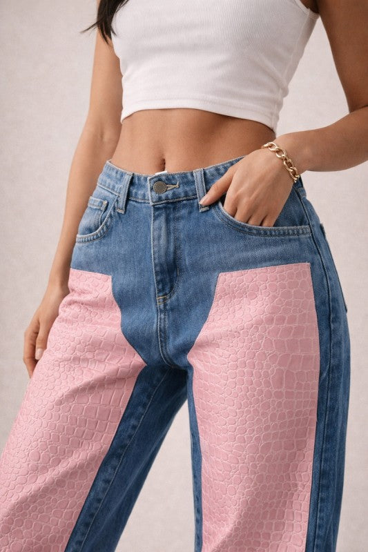 Low Rise Cuffed Jeans with Pink Vinyl Croc Panels See size chart under “more details”