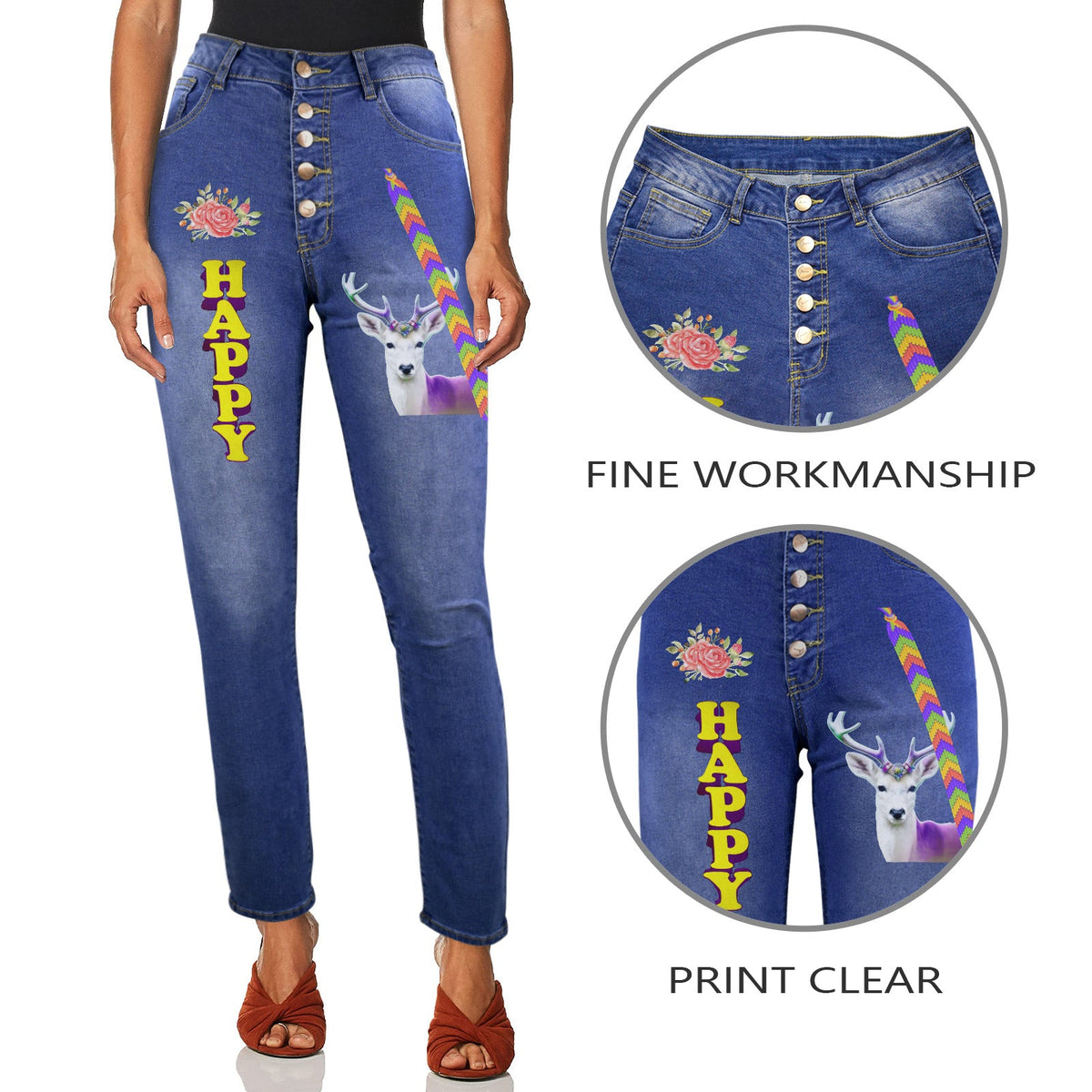 Women's Happy Deer Decorated Design Jeans with Front Printing
