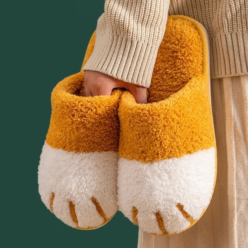 Zapatillas de invierno cálidas con piel para mujer, bonitas zapatillas de dormitorio con diseño de pata de gato, zapatos de felpa cálidos, antideslizantes para interior, zapatillas peludas para mujer