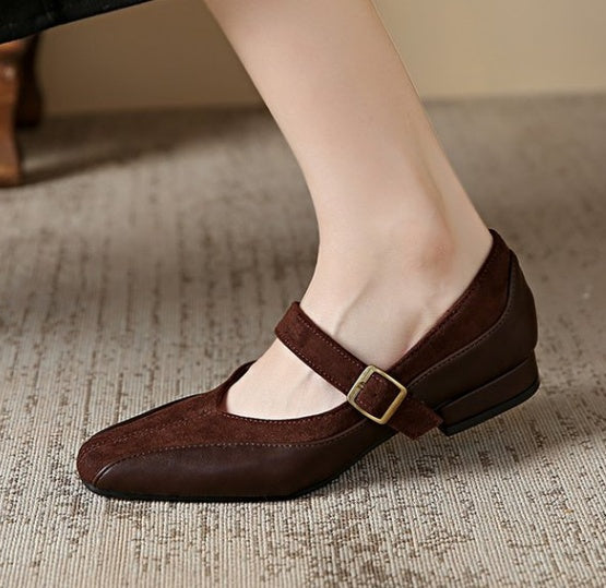 Women Stylish Vintage Mary Jane Shoes, French Soft Leather Low Cut Pumps, One Strap Block Heel Ladies Leather Shoes
