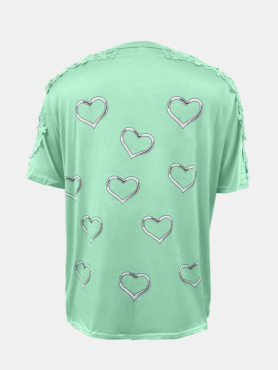 Camiseta de manga corta con cuello redondo, detalle de encaje y corazón, talla grande
