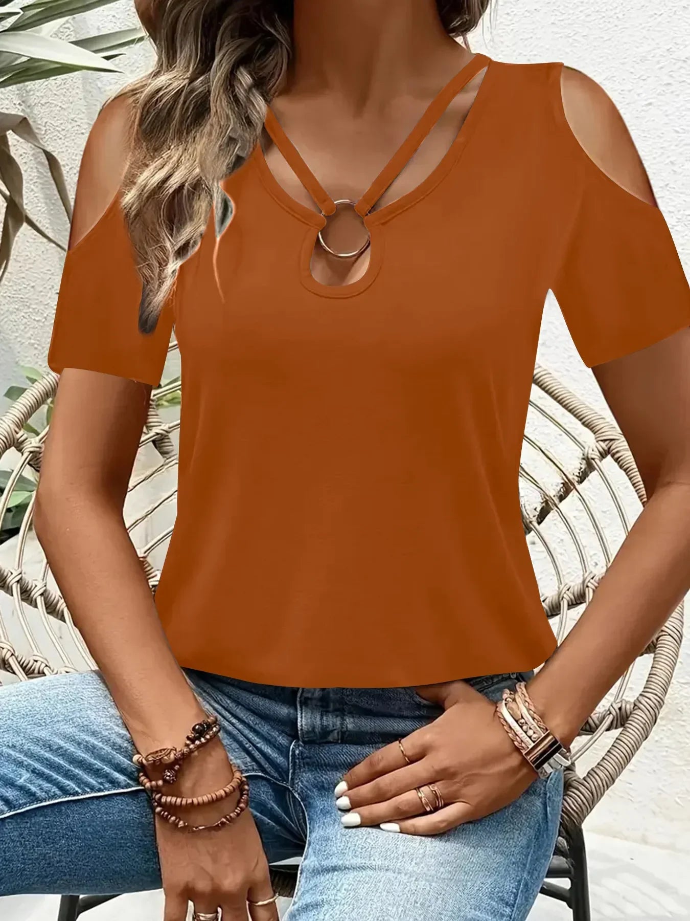 Cold Shoulder T-Shirt with Metal Ring Detail