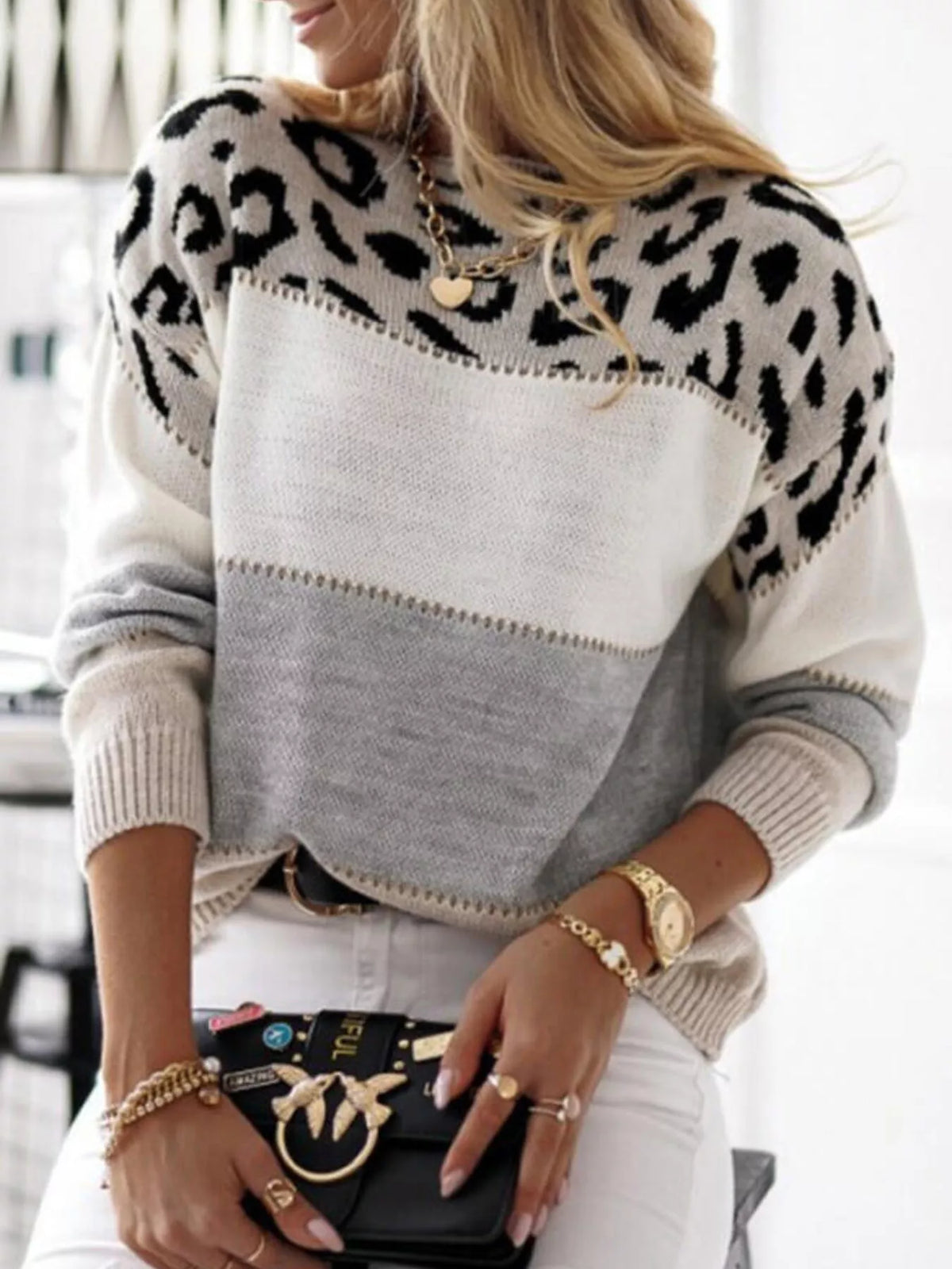 Full Size Leopard Color Block Long Sleeve Sweater Plus Size