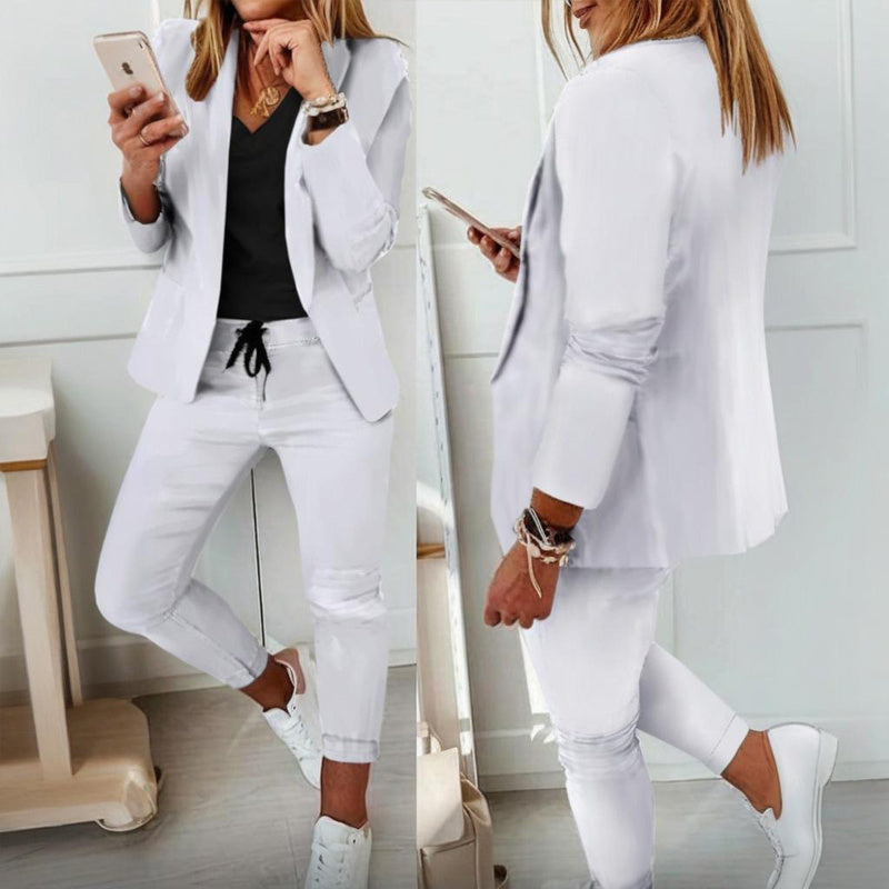 Conjunto de traje de saco con solapa de muesca y pantalón con cordón para mujer
