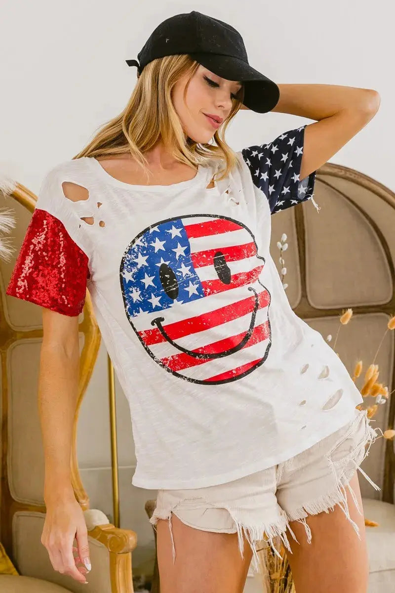 Women's Graphic T-Shirt Women's Tee - Laser Cut Smile Face - Patriotic Graphic T-Shirt