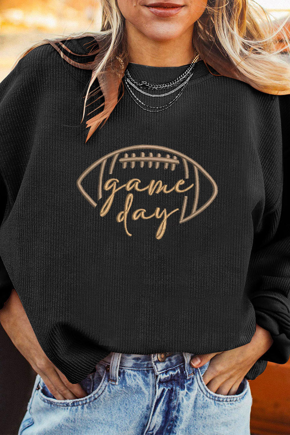 Sudadera de pana bordada "Black Rugby Game Day"