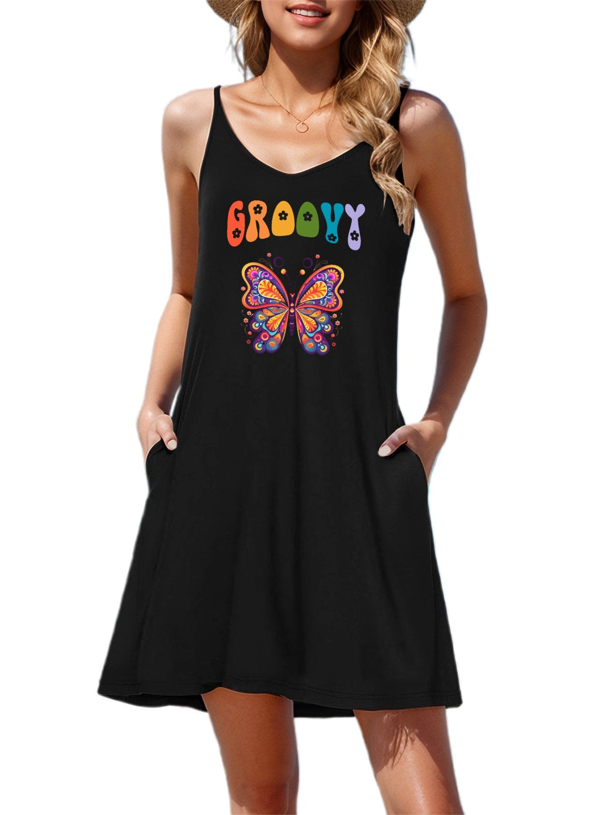Groovy Butterfly Sleeveless Cami Nightgown for Women (Front Printing)