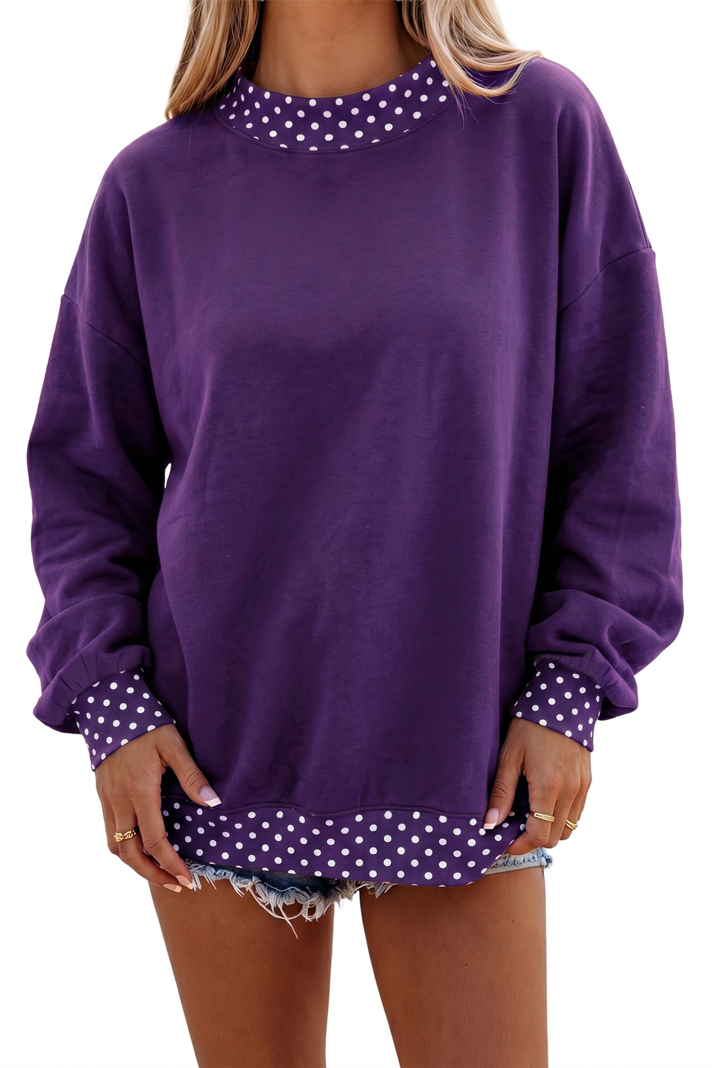 Brown Colorblock Polka Dot Contrast Trim Oversized Sweatshirt