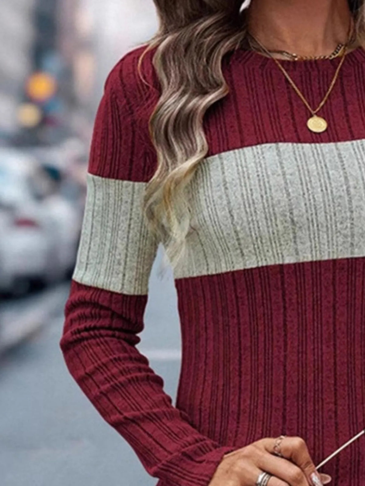 Color Block Round Neck Long Sleeve Sweater