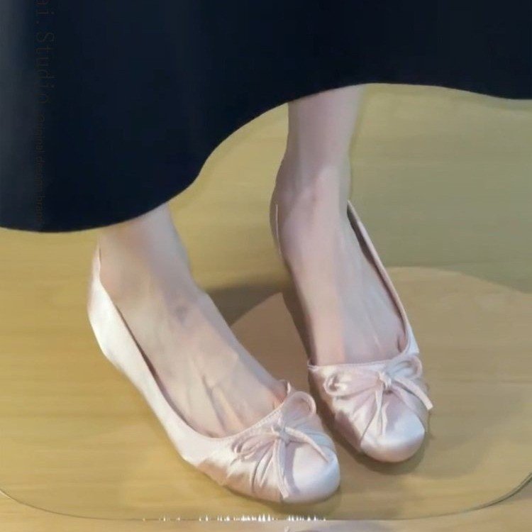 Elegant Celebrity Style Round Toe Satin Bow Flats, Women Comfortable French Banquet Low Cut Shoes
