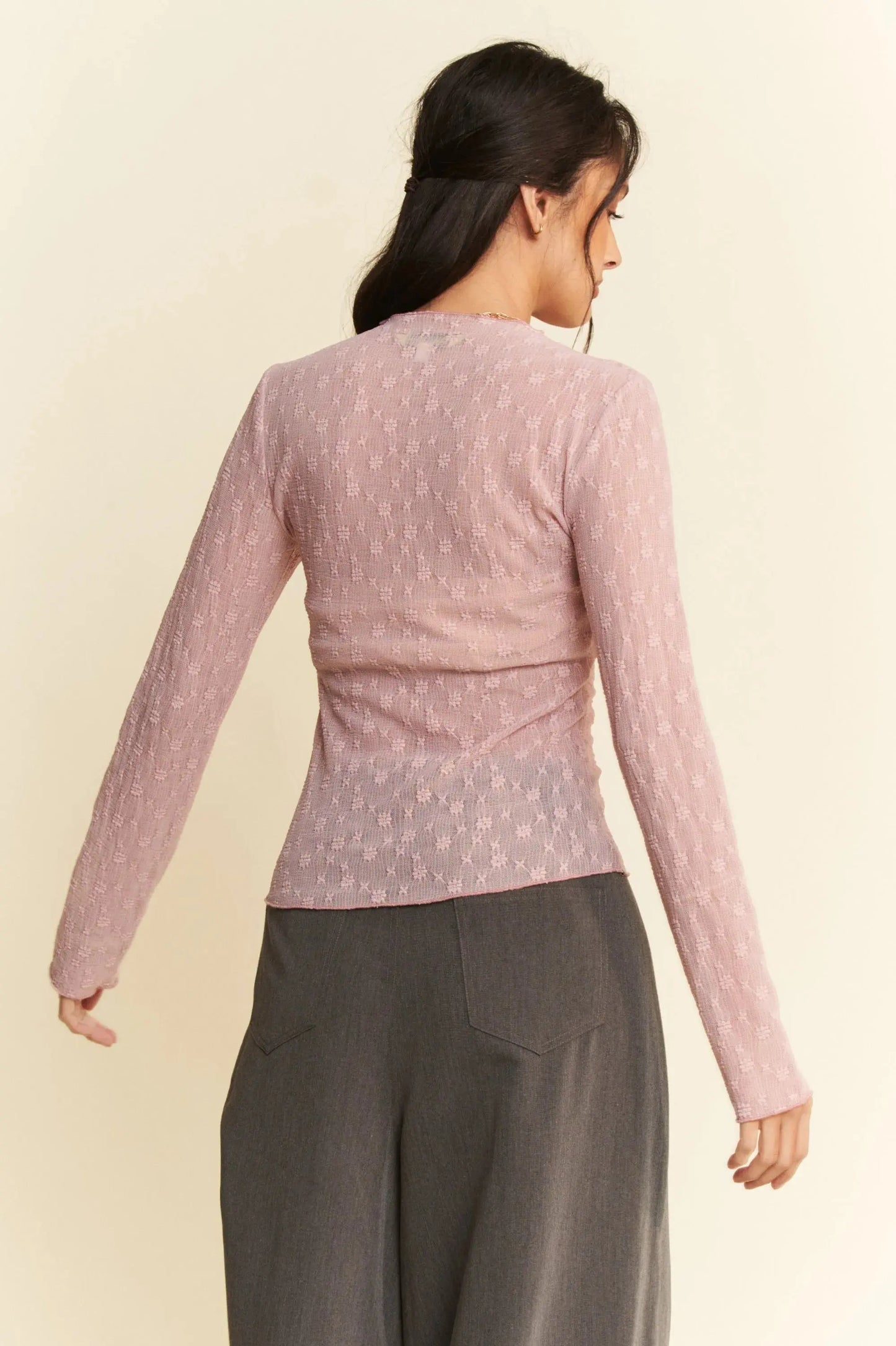 Women's Lace Top Sheer Lace Top - Embroidered Bows - Women's Long Sleeve