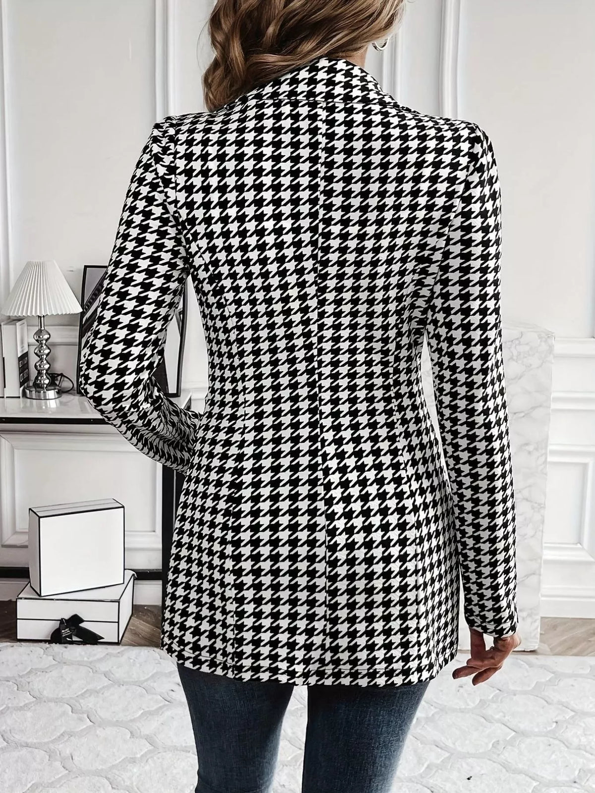 Houndstooth Print Lapel Collar Blazer