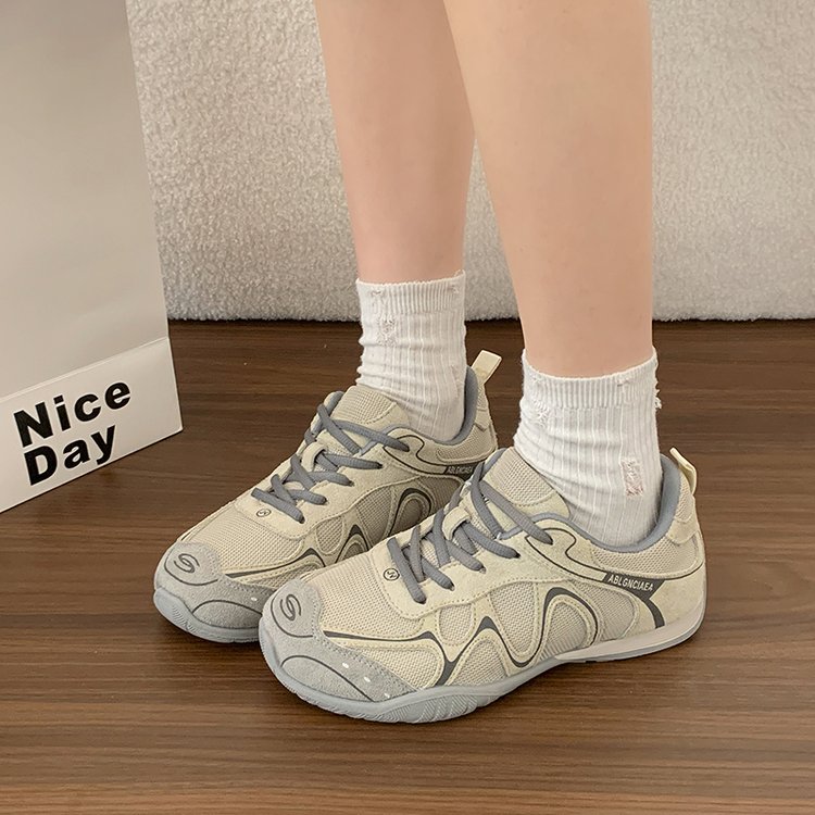Women Curved Patchwork Mesh Retro Sneakers, Breathable Light Weight Lace Up Flat Sole Daily Walking Casual Trainers
