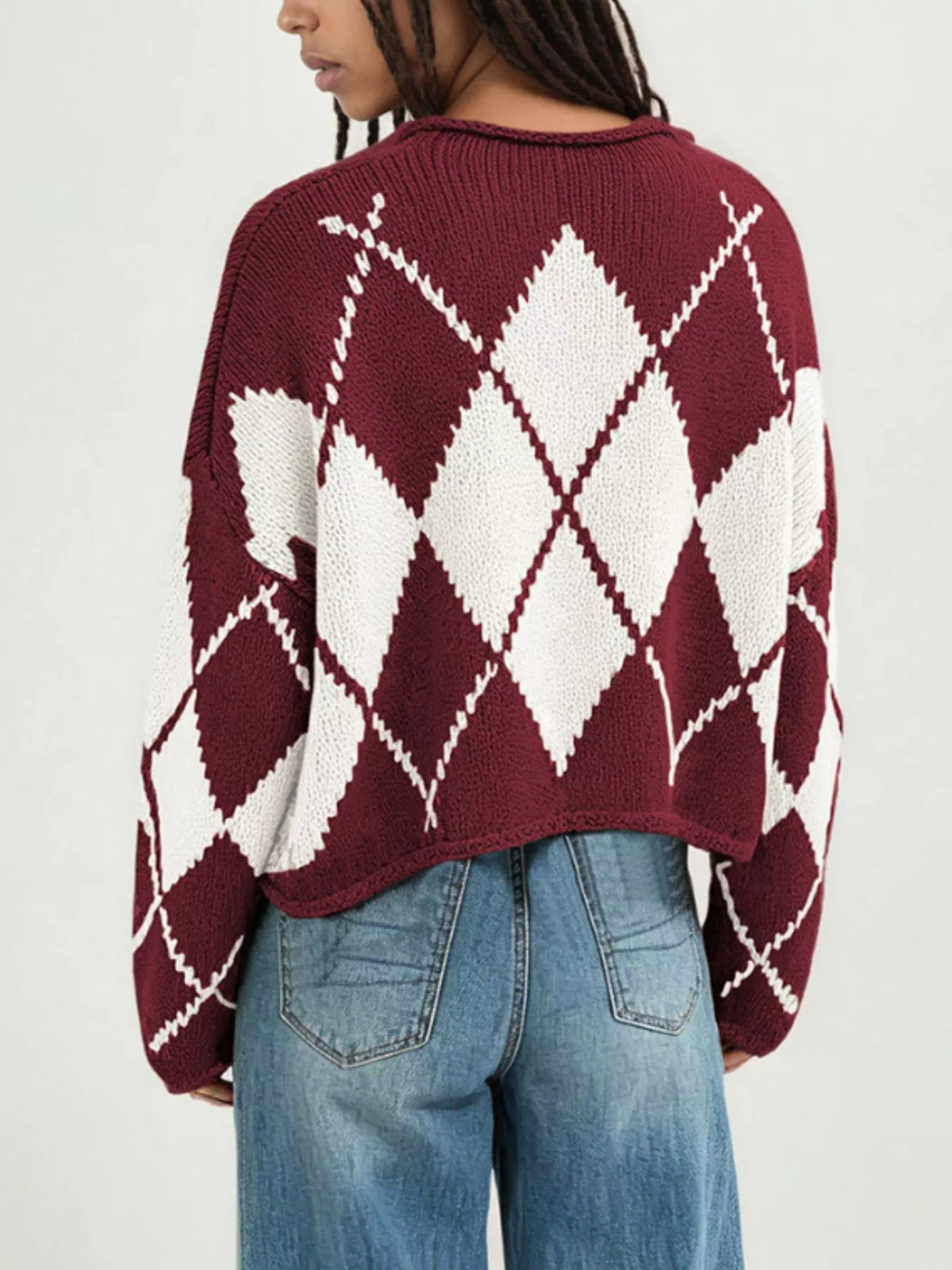 Argyle Pattern Knit Dropped Shoulder Sweater