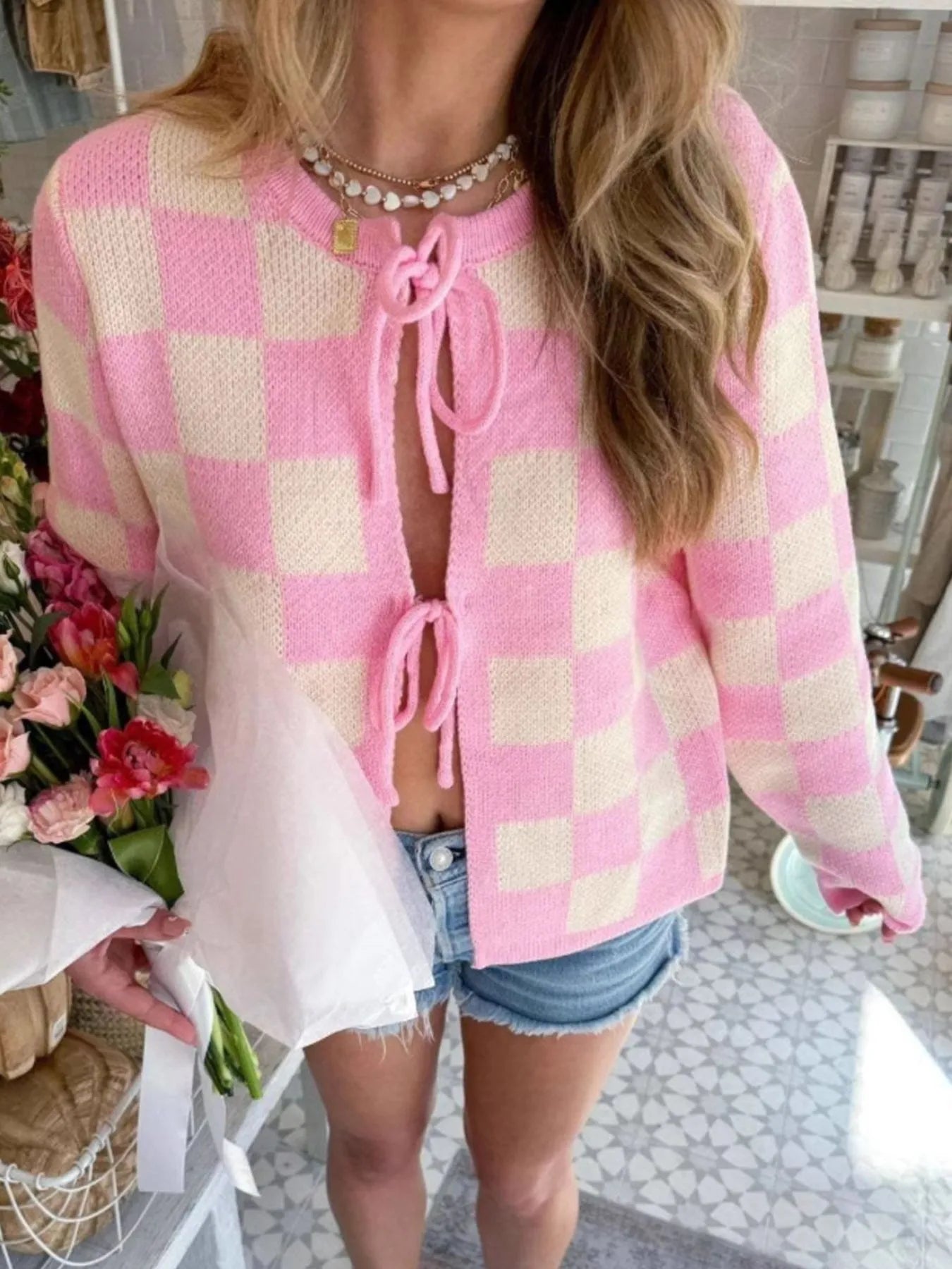 Checkered Tie-Front Cropped Cardigan