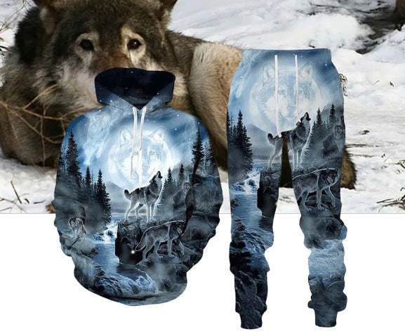Traje de sudadera con capucha y pantalones con estampado digital de lobo para hombres y mujeres