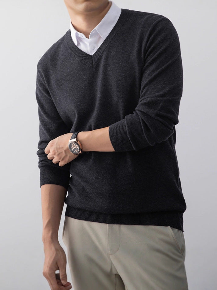 V-neck Base-layer Sweater Slim-fit Mens Knitwear
