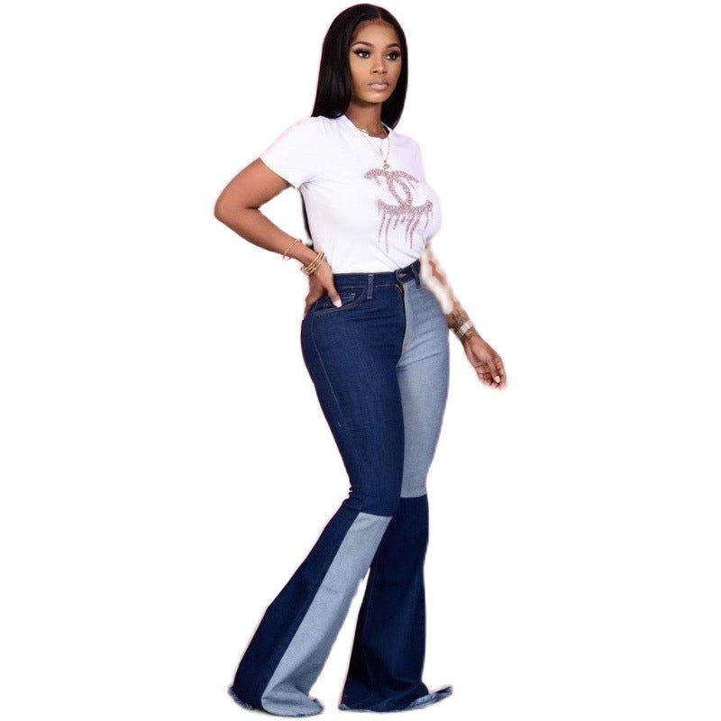 Patchwork Denim Flared Trousers