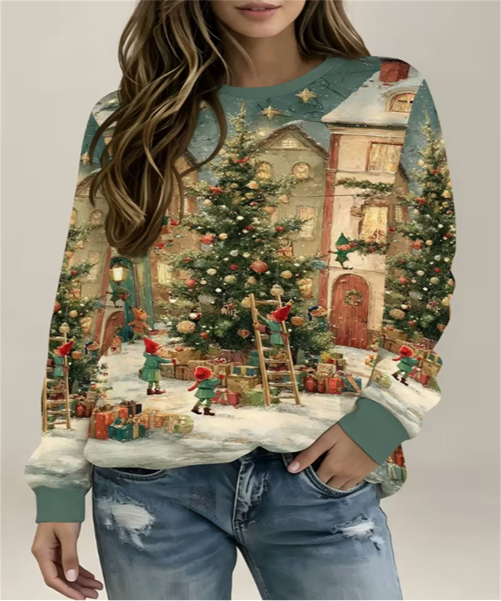 Women's Christmas Elf Village Print Crew Neck Sweatshirt, Winter Snow Scene Tree Graphic Long Sleeve Pullover