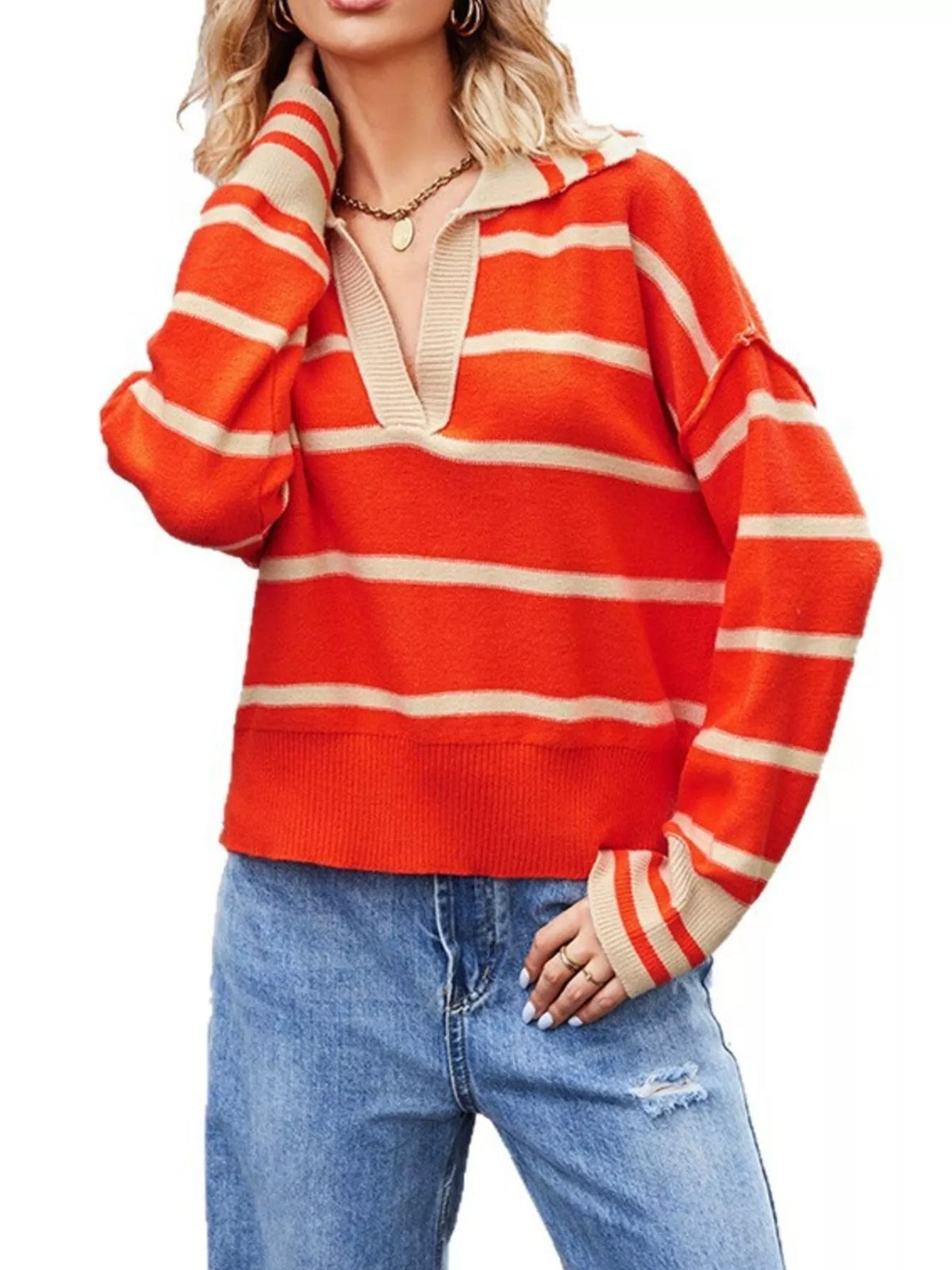Striped Johnny Collar Dropped Shoulder Sweater