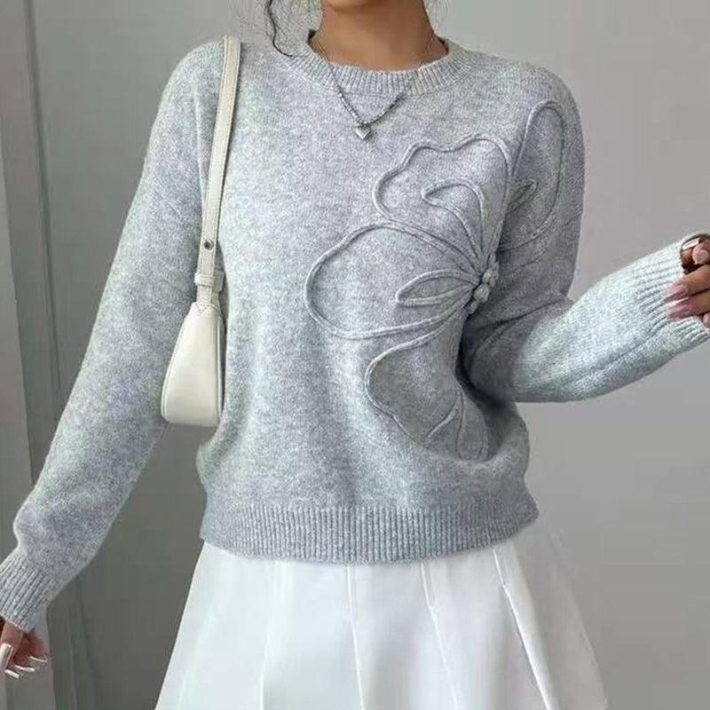 Suéter elegante floral para mujer - Jersey informal de manga larga con cuello redondo