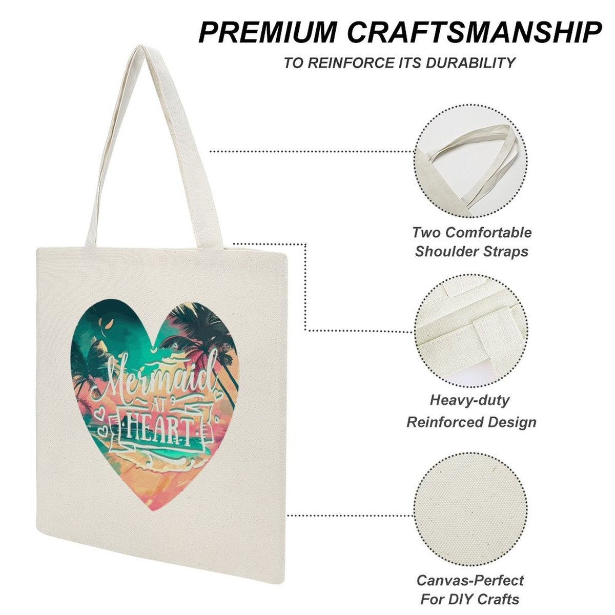 Mermaid at Heart Canvas Tote Bag - 13.4" x 15.8"