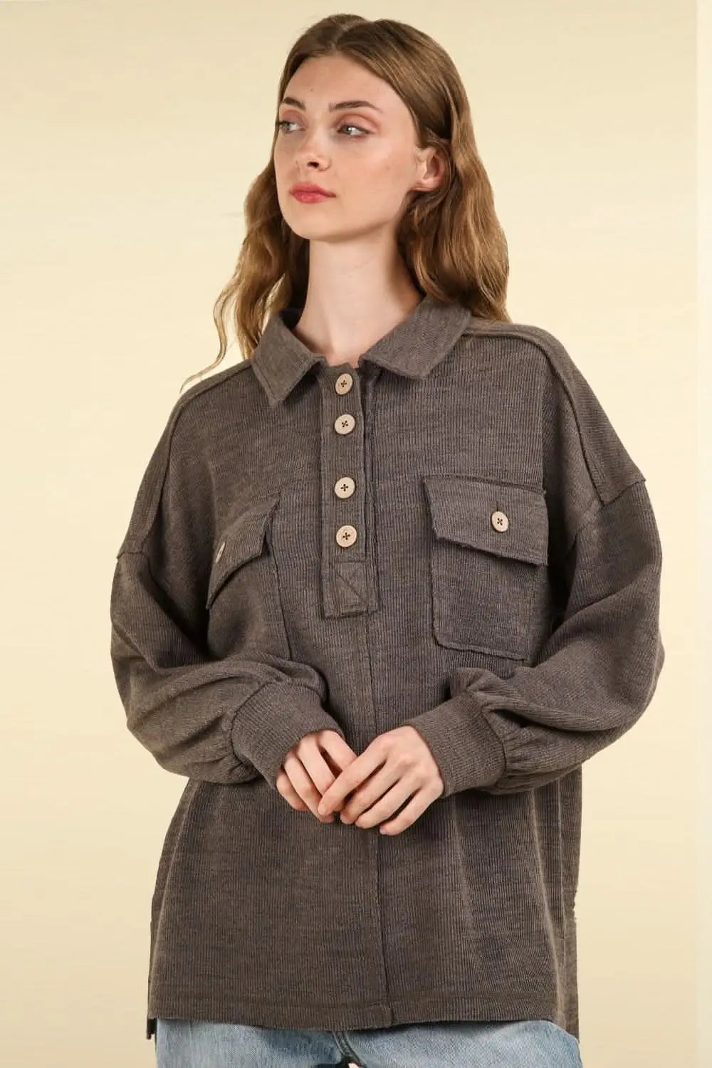 Sweaters Trendsi Knit Top Women's Casual Collared Shirt with Pockets Soft Knit