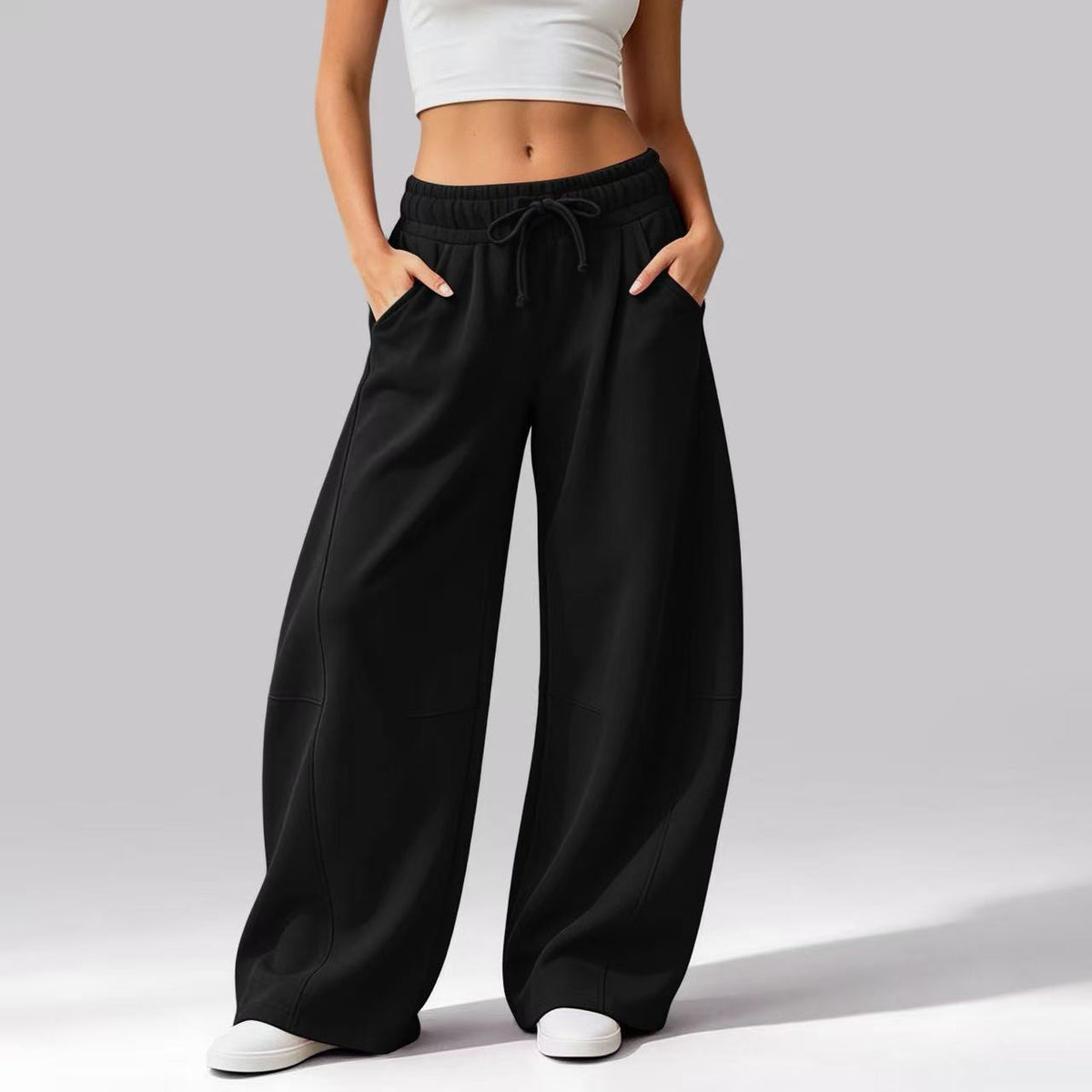 Women's Solid Color Casual Pocket Wide-Leg Pants, Fleece-Lined Drawstring Sweatpants
