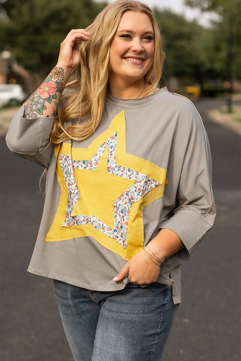 Accessories Love Salve Grey Floral Star Plus Size Women's Top: Western Style, Fall Fashion