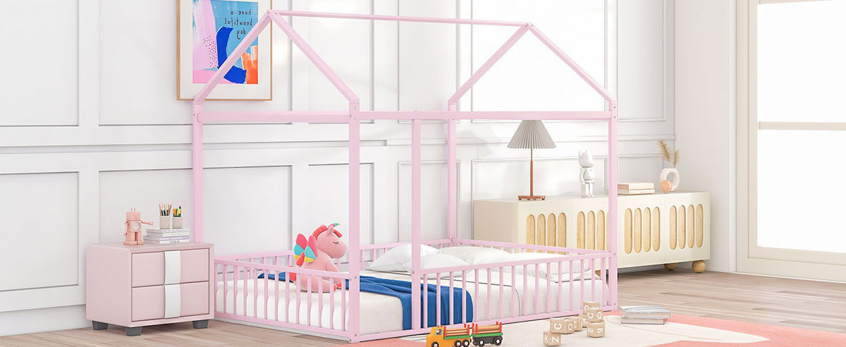 Metal Bed House Bed Frame With Fence
