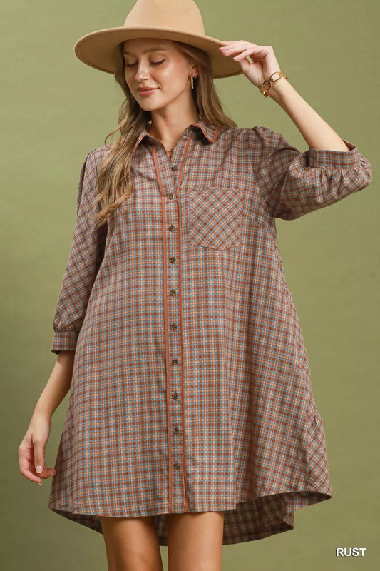 Umgee Plaid Button Down Oversized Shirt Dress