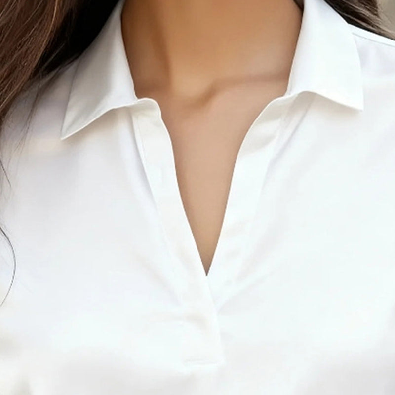 Blusa informal de negocios con cuello en V para mujer – Camisa de manga larga de corte relajado
