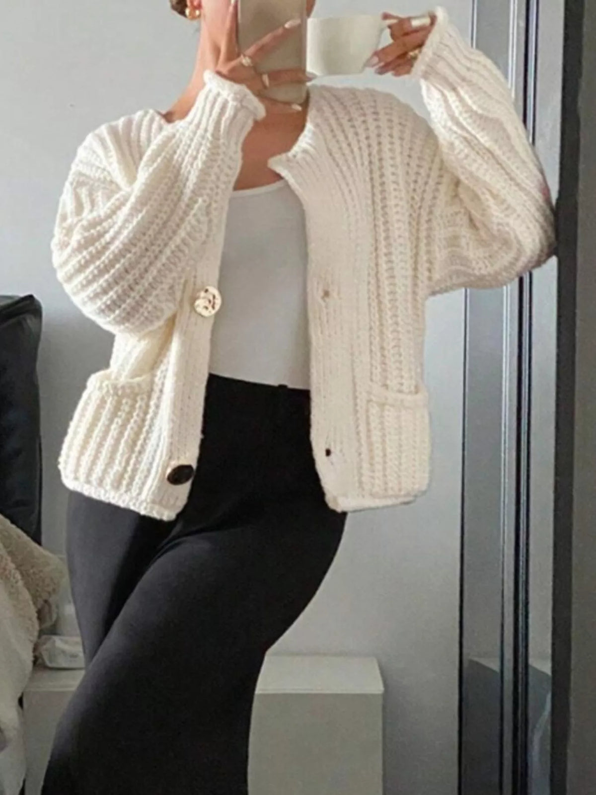Button Up Dropped Shoulder Cardigan