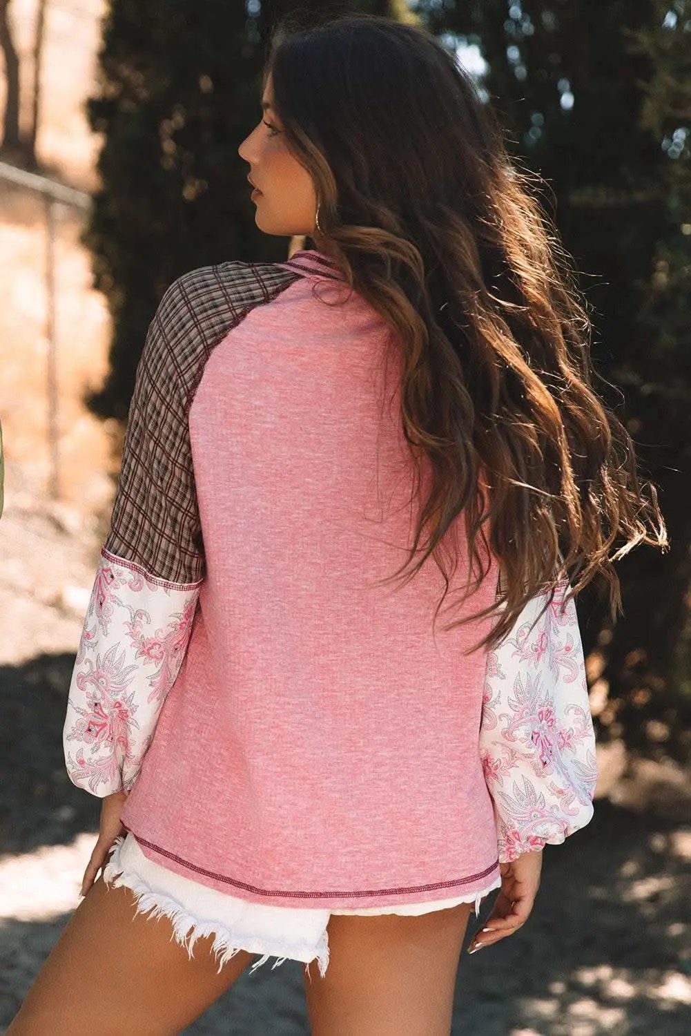 Sweaters Love Salve Fushia Patchwork Top Women's Casual Knit Top: Ribbed & Raglan