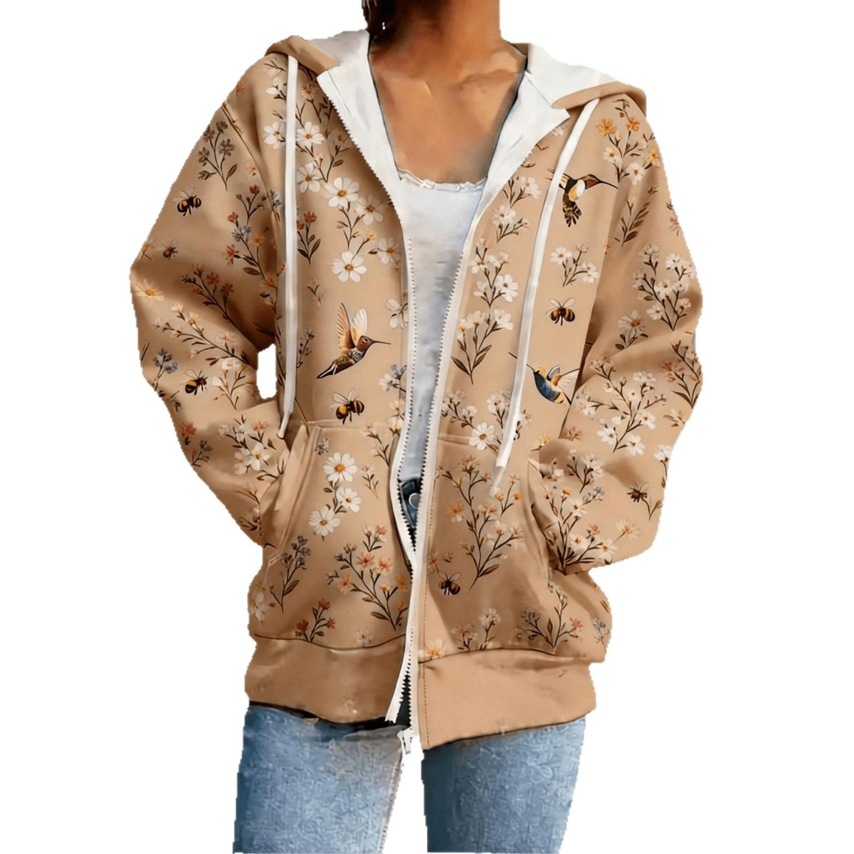 Cross Border European And American Style Women's Hooded Cardigan Casual Sweatshirt With Small Floral Digital Print And Zipper, Foreign Trade Supply For Autumn And Winter