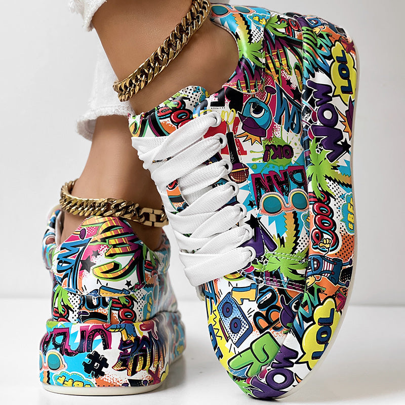 Zapatillas con cordones de punta redonda y suela gruesa — Zapatos casuales estampados para mujer