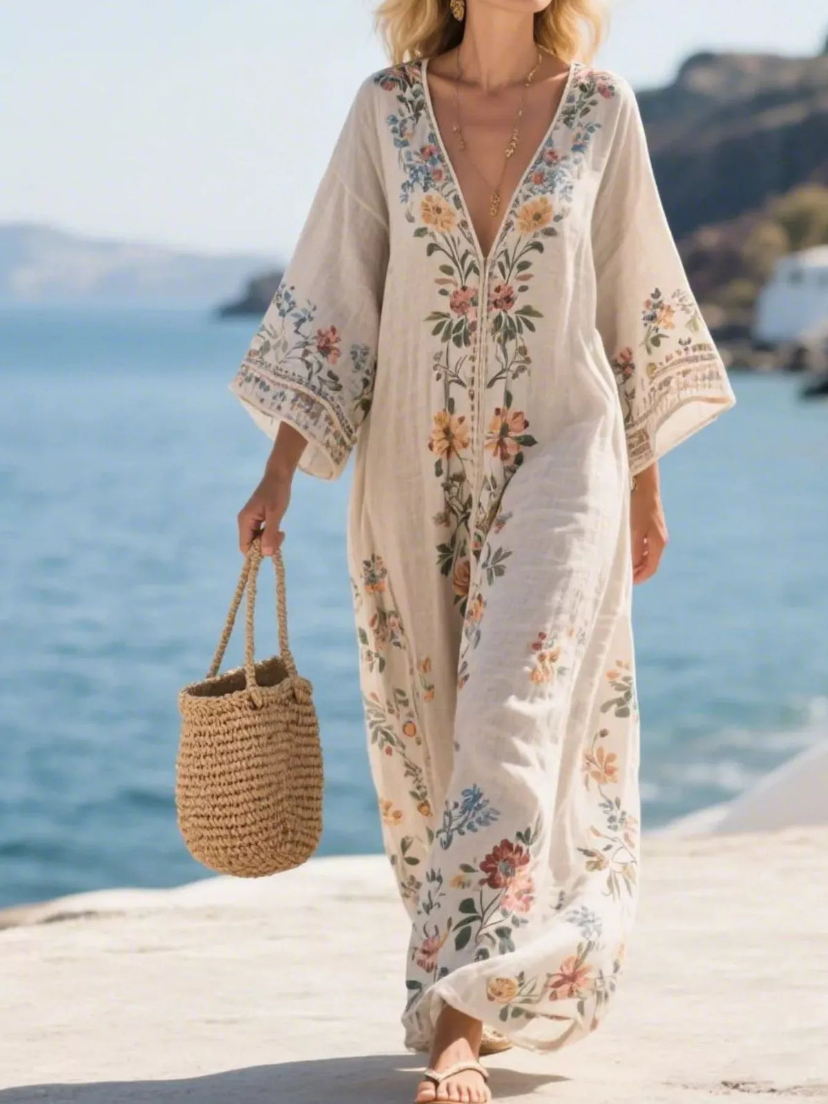 Full Size Printed V-Neck Maxi Dress Plus Size