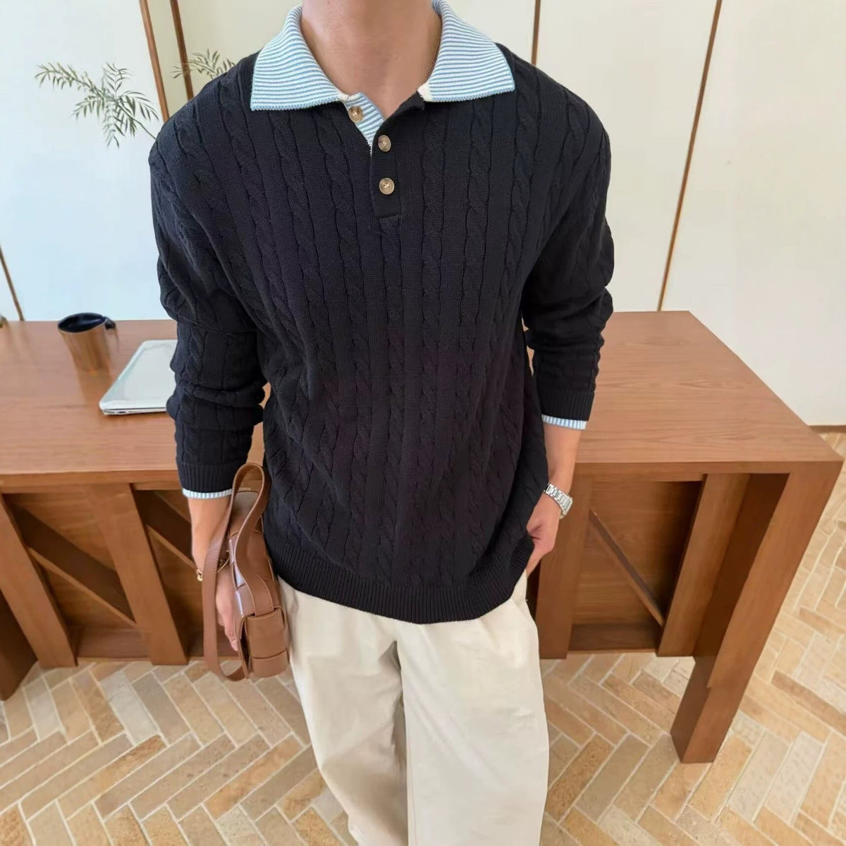 Retro Patchwork Color-Block High-End Cable-Knit Sweater For Men
