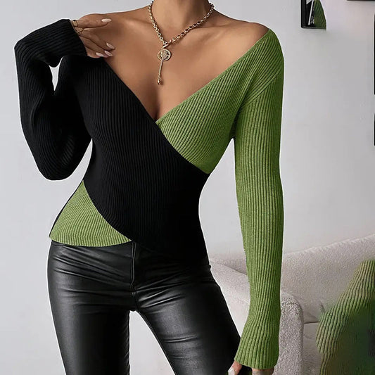 Suéter elegante con cuello en V cruzado para mujer