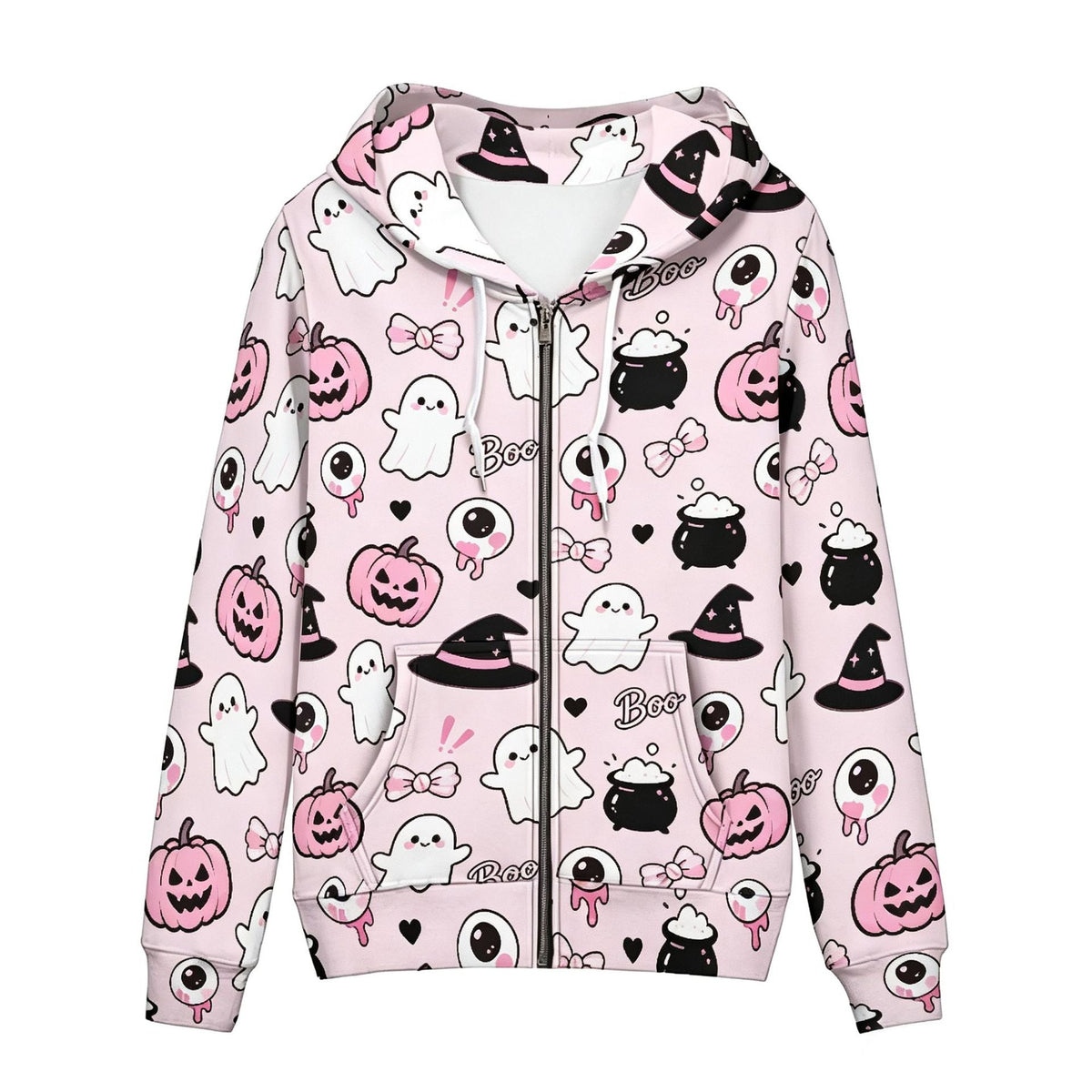 Western-style Halloween Printed Zip-up Hooded Sweatshirt For Women, Featuring A Dark, Sweet And Cool Style, Loose And Casual Long-sleeved Hoodie