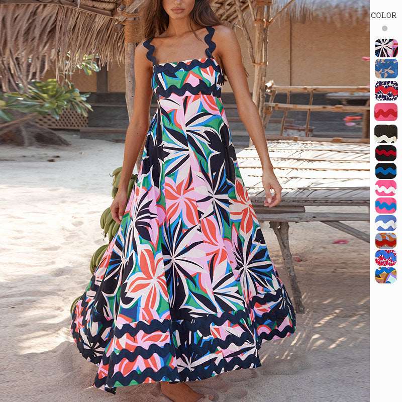 Flowers Print Wavy Pattern Suspender Long Dress For Women Fashion A-Line Beach Dresses Womens Clothing See size chart under “more details”