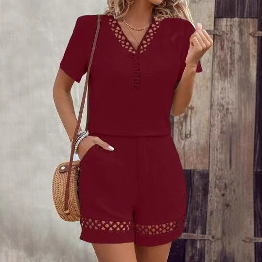 Conjunto de verano Boho Chic con detalle de encaje, escote en V y manga corta