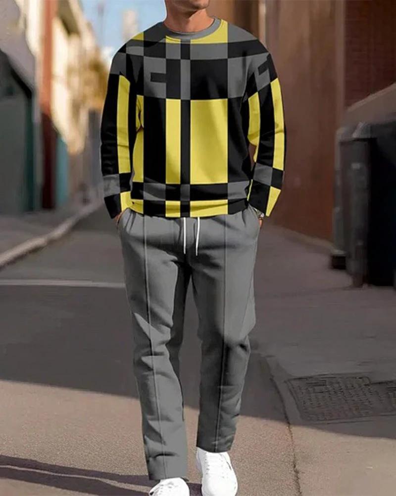 Fashion Line Printing Men's Round Neck Suit
