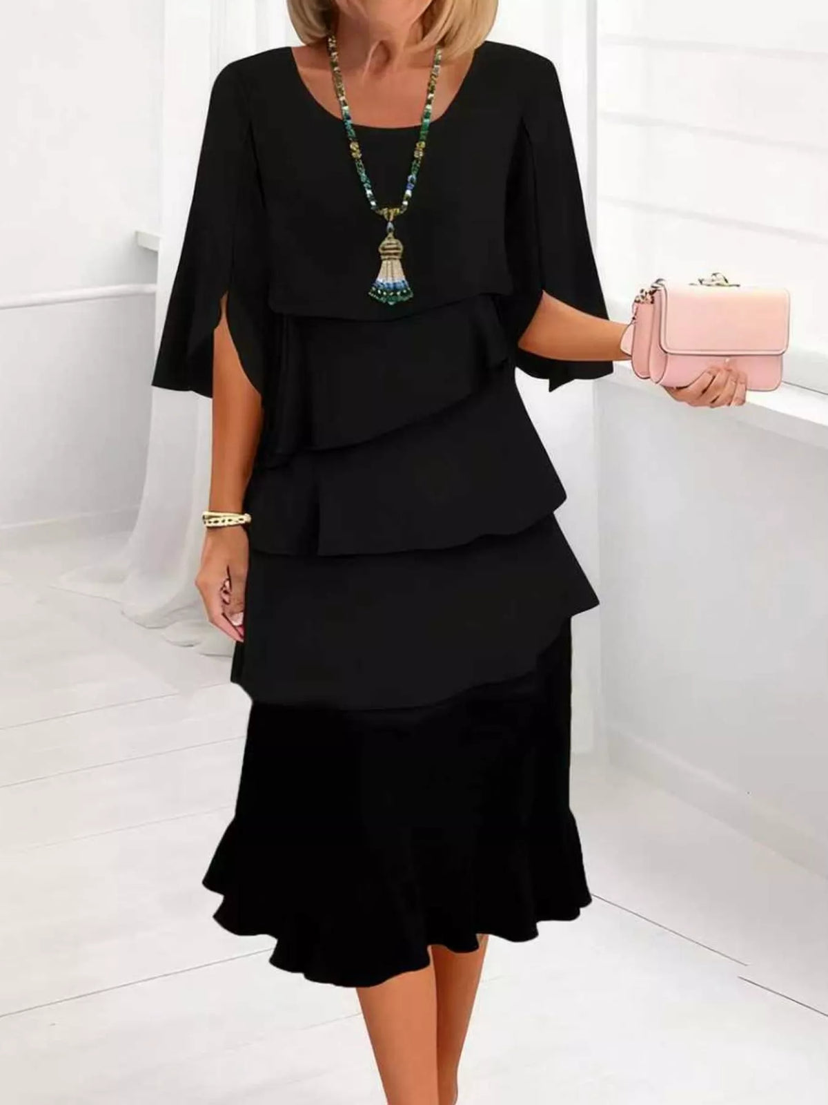 Full Size Ruffle Layered Flutter Sleeve Dress Plus Size
