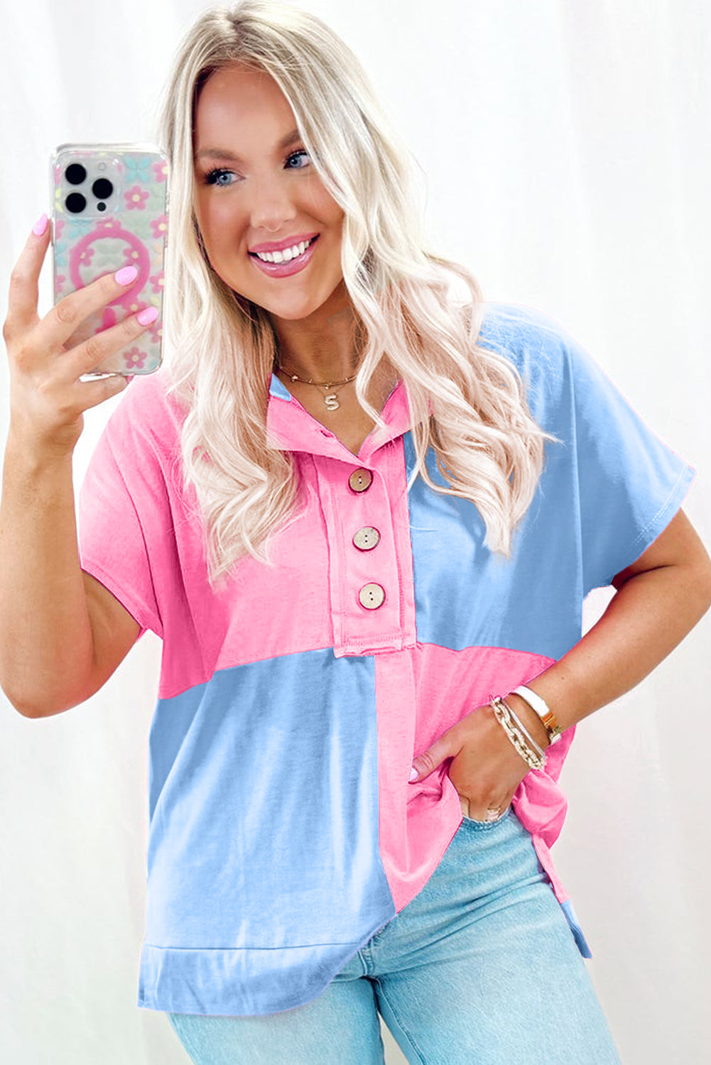 Camiseta con cuello y medio botones bicolor Myosotis